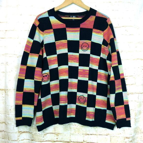 LOGO Lori Goldstein x Smiley World Sweater Plus 1X Black Checks Happy Face Mod - Picture 1 of 12